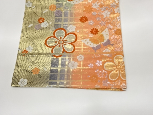  格子に梅・蝶・花々模様織出し袋帯